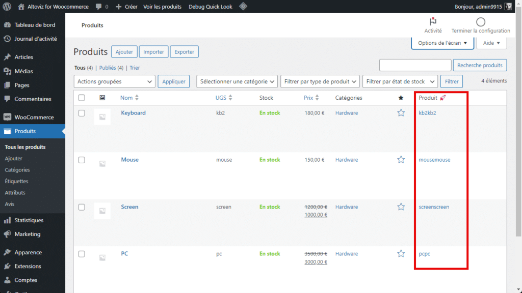 Altoviz pour WooCommerce Produits